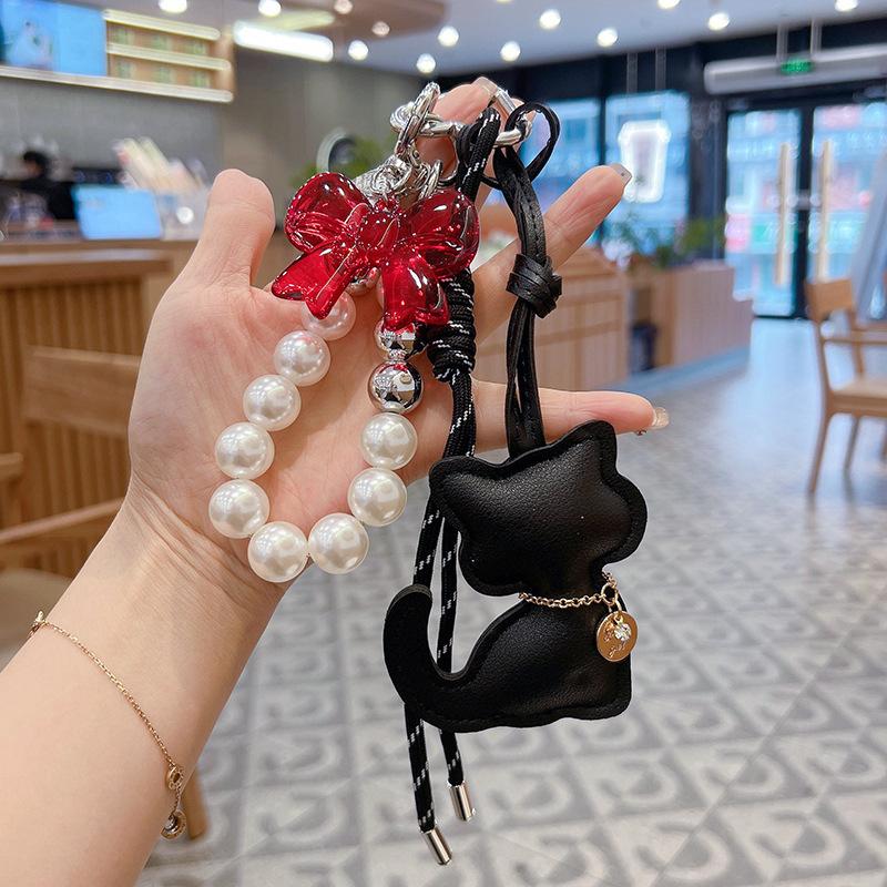 Cartoon Leather Cat Keychain Y2K Retro Braided Rope Key Holder Maillard Bag Pendant Car Keyring Hanging Decoration Gifts