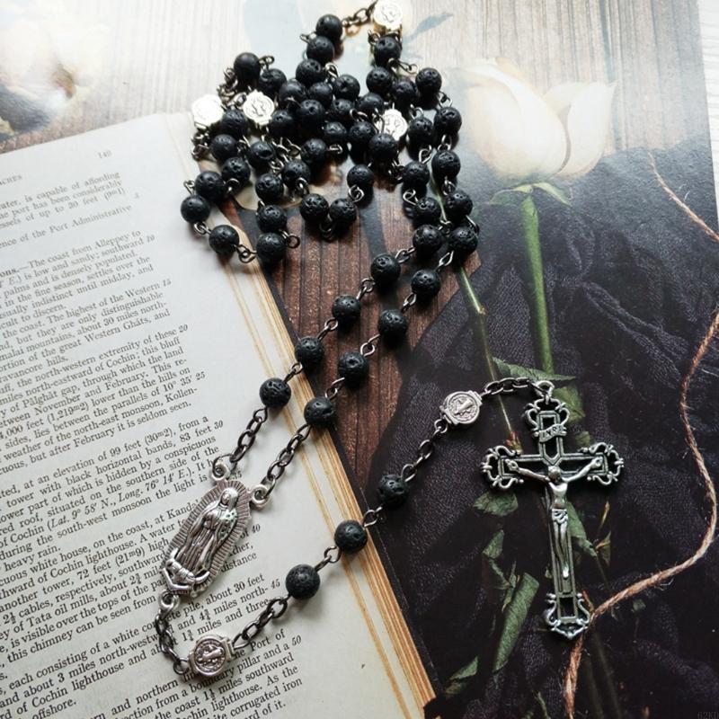 62KD Rosary Beads Long Necklace with Jesus Christ Crucifix for Cross Catholic Prayer Pendant Party Gift for Men Women