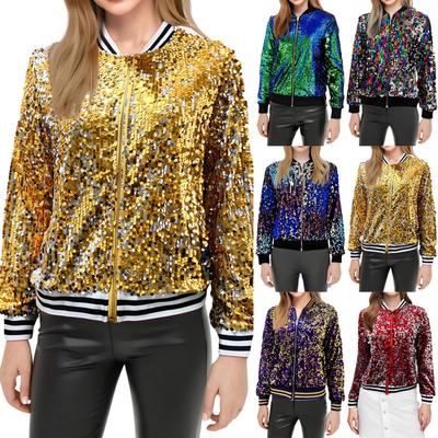 Women's Fashionable Stand Up Collar Long Sleeved Sequined Concert Short Zipper Jacket