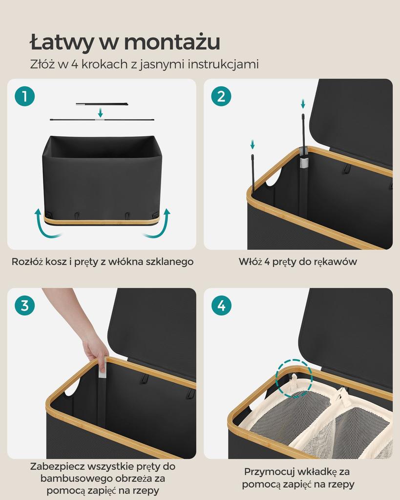 Czarny Kosz Na Pranie Z Pokrywą 150 L