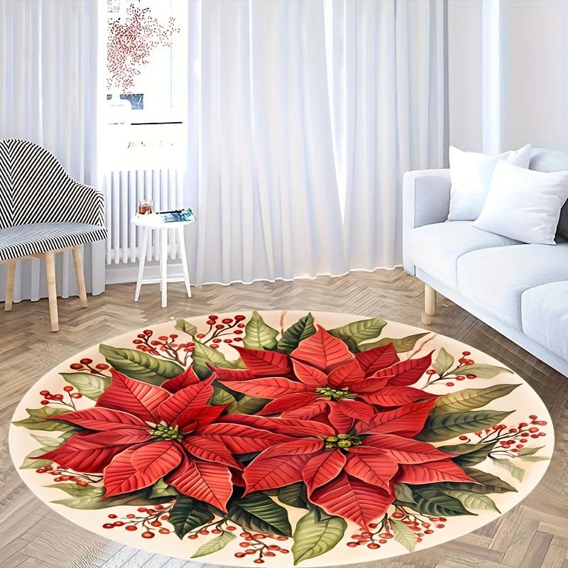 Red Poinsettia Flower Round Rug Green Leaves Christmas Holiday Indoor Floor Area Carpet for Living Room Bedroom Decor