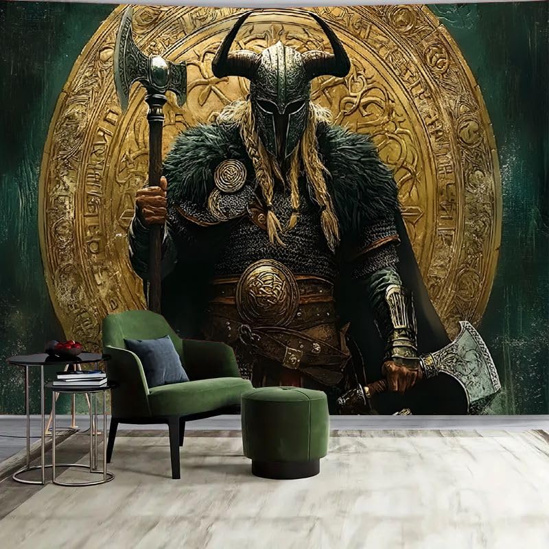Norse Viking Tapestry Odin Warrior Sword Axe Raven Tapestries Square Knot Tattoo Wall Hanging Nordic Meditation Runes For Men 70x100CM