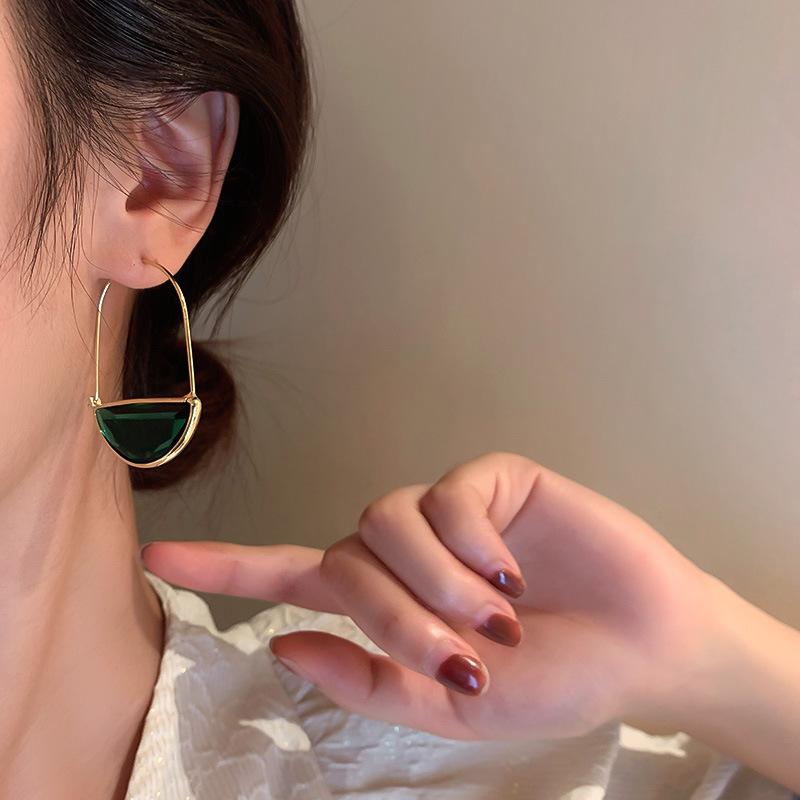 Vintage Green Crystal Semi Circle Earrings Gold Plated Geometric Earrings For Women