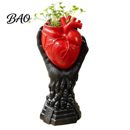 Niche Style Gothic Ornament Hand Holding Human Heart Organ Vase, Anatomical Shaped Planter Spooky Halloween Desktop Flower Pot for Living Room Dining