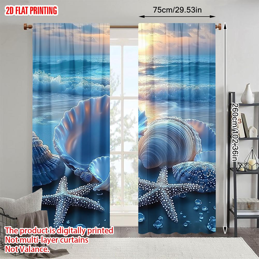 2pcs   plane printing Popular Curtain Panels Seashell and Pearl Beach Scene Polyester Fabric (without rod) All Seasons for