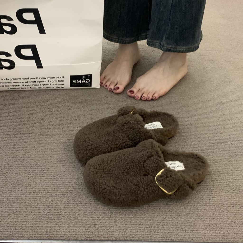 Thick-soled Sheep Curly Wool Plush Bag Head Half Slippers Women's Outer Wear 2025 Winter New Cork Wool Slippers One Pedal
