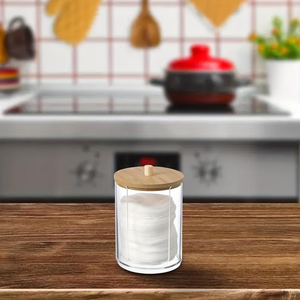 1pcs Cotton Round Pad Dispenser With Bamboo Lid, Small Clear Acrylic Containers For Cotton Swab/ball, Transparent Jars For Bathroom Vanity