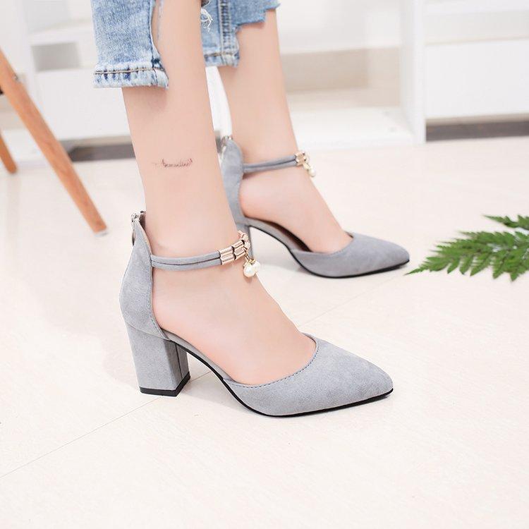 

Thick heel hollow single shoes European station 2025 new bag head high heels pointed sandals women summer one word buckle women 40 сірий колір
