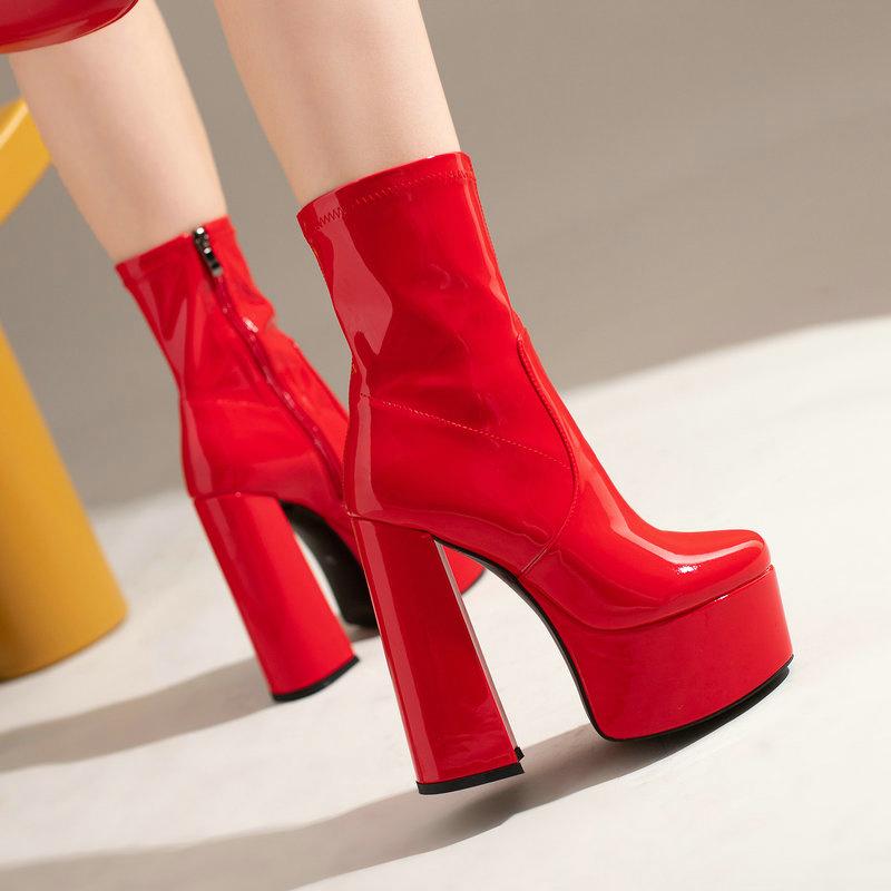 Women Ankle Boots Platform Square High Heel Ladies Short Boots