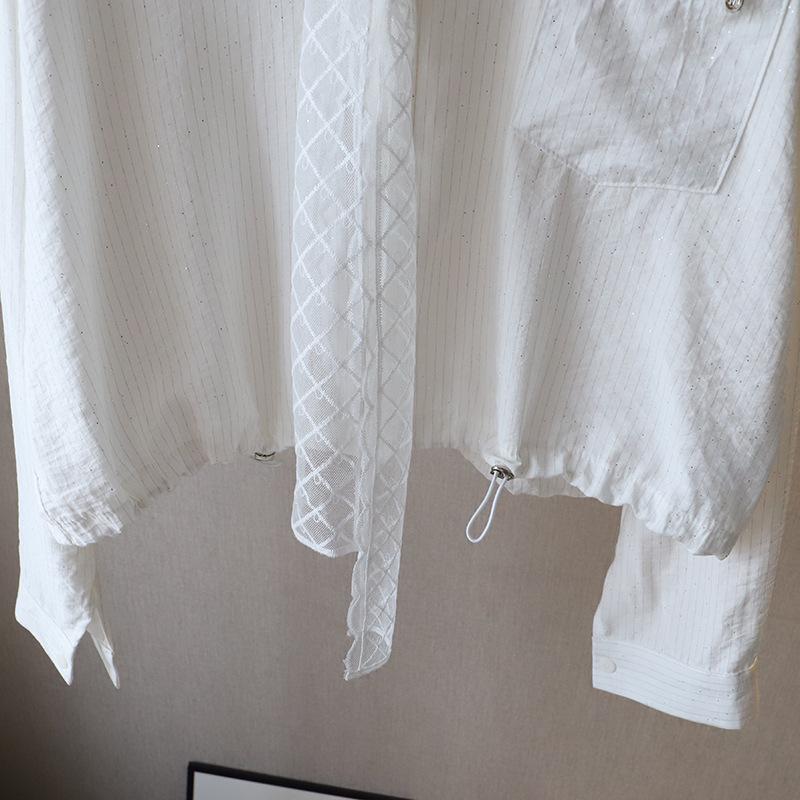 [Bi Zheng] 2025 Spring Korean Style Striped Short Long Sleeve Shirt with Lace Shawl for Women