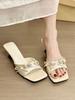 Cold and White! Temperament Satin Square Head with Rhinestone Buckle Cat and Sandals Women's Summer Stiletto Sandals