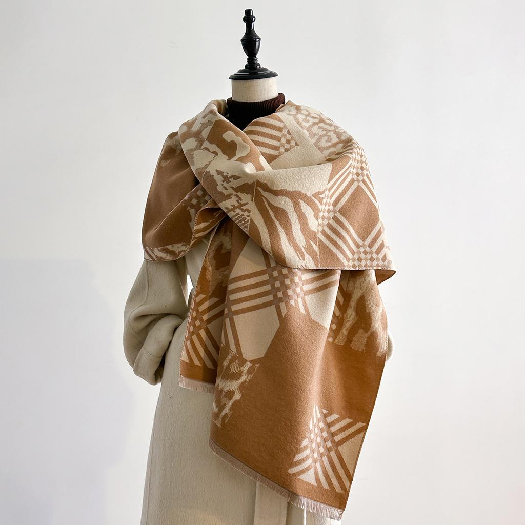 Wind Autumn And Winter Plaid Splicing Leopard Print Shawl Temperament Imitation Cashmere Scarf Women'S Double-Sided Printing Outer Scarf