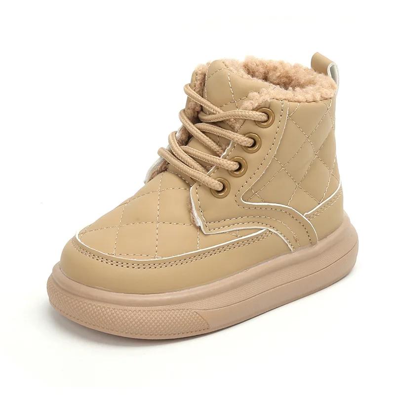 

Ботильоны для мальчиков и девочек с боковой молнией, детские короткие ботинки с мехом, новинка 2024 года, теплые детские ботинки, нескользящие, однотонные 21 хаки