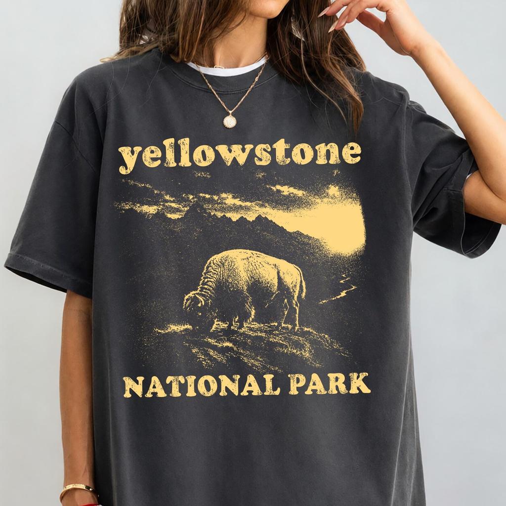 Yellowstone National Park Vintage Wildlife Shirt, Retro Bison Mountain Landscape Tee, Nature Lover Hiking Camping Gift Apparel