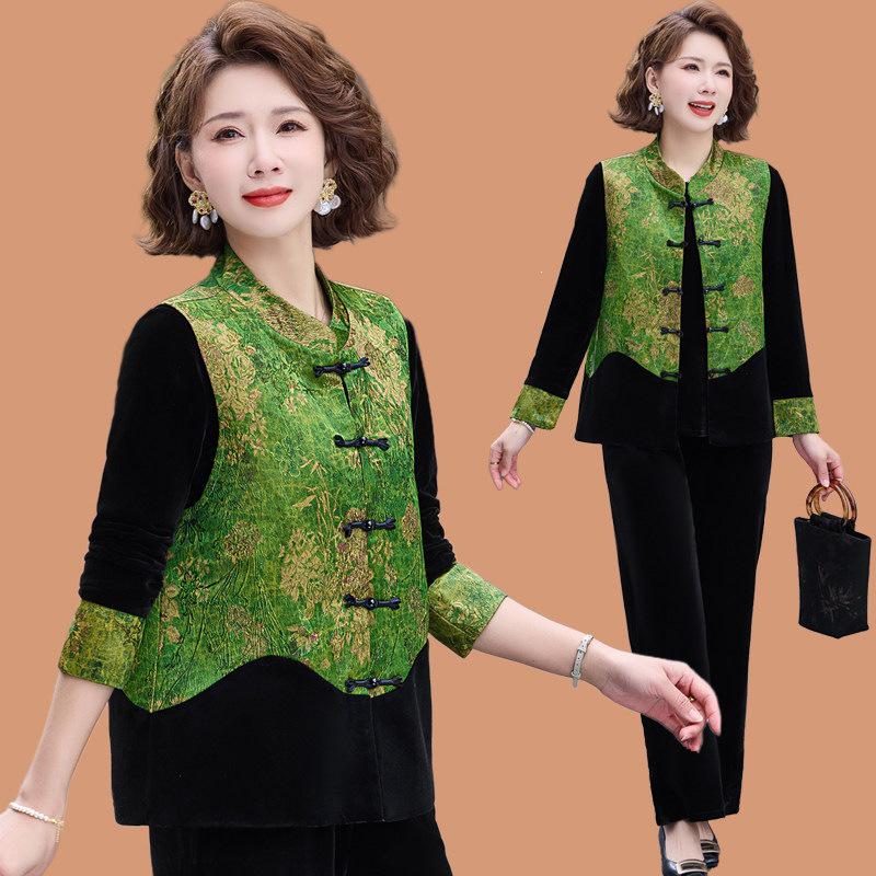 

Velvet Spring Suit: Chic Three-Piece Vest Set for Petite Mother’s Day, New Chinese Style for Middle-Aged & Elderly Women 5XL (about 145-160 lbs)