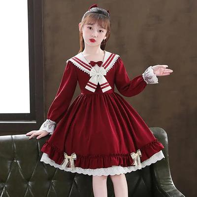 Neu Herbst Mädchen Langarm Retro Lolita Prinzessin Kleid mit Schleife