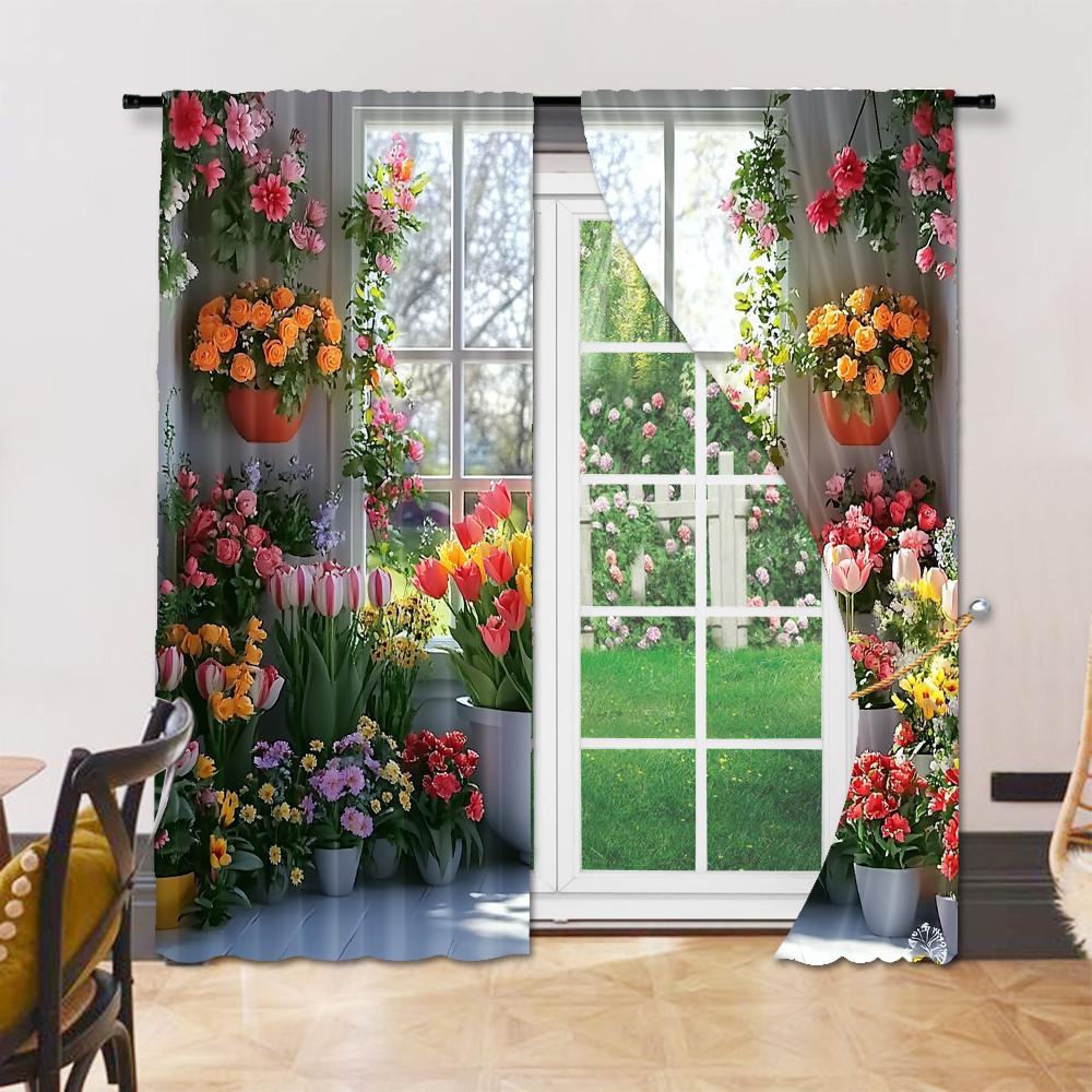 Set Of 2 Versatile Polyester Transparent Curtains Home Decoration Garden View Floral Arch Use Bedrooms Living Rooms Made Great Room Window Treatment