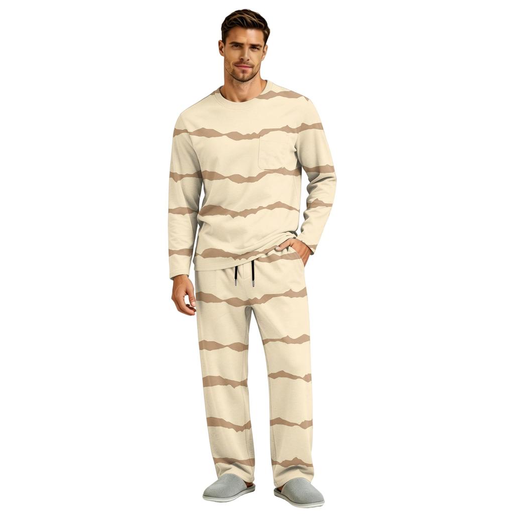 Men's Pajama Set Long Sleeve Top and Long Pants with Button Crotch and Elastic Drawstring Waist for Home Loungewear