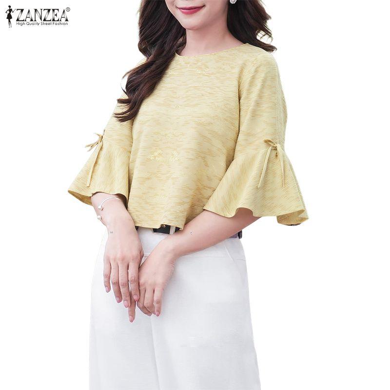 ZANZEA Women Casual Round Neck Flare 3/4 Sleeve Loose Print Blouse