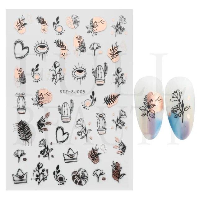 Lily Flower Geometric 3D Nail Stickers Maple Leaves Lines Nail Art Adhesive Sliders Red Berries Decals Decoration PPSTZ-SJ027