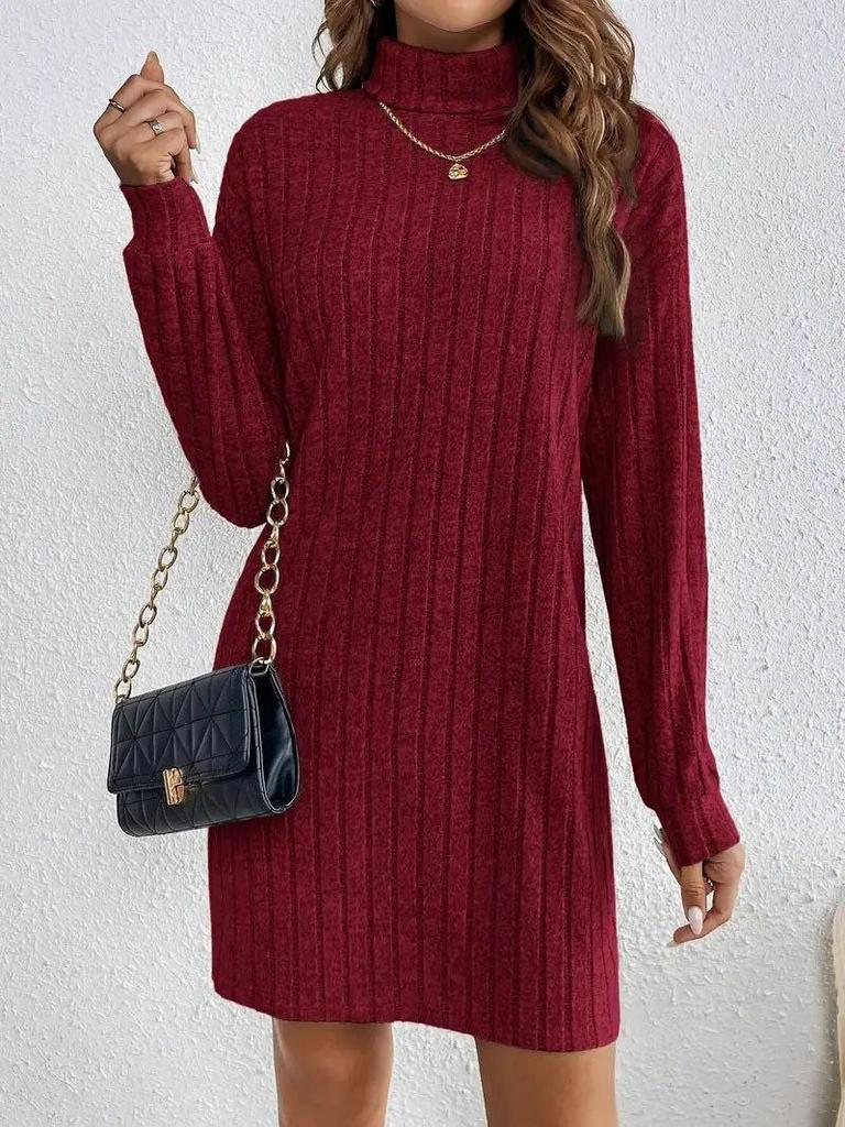 2026 Fall/Winter Women's Casual Solid Color High Neck Long Sleeve Knitted Dress