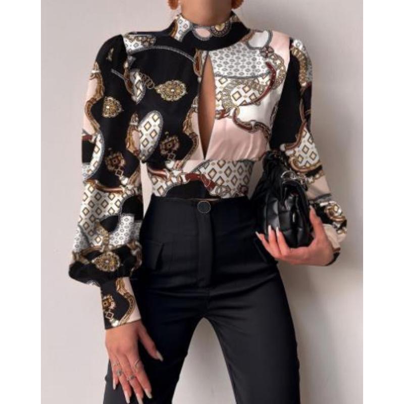 Elegante Blusa da Donna Casual Stampa Barocca Manica a Lanterna Arricciata Top Senza Schiena Manica Lunga Camicie da Festa Femme Abbigliamento da Lavoro