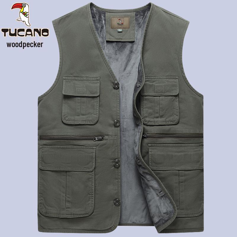 Woodpecker Men's Warm Fleece Lined Vest - Thickened Cotton Sleeveless Jacket for Autumn and Winter