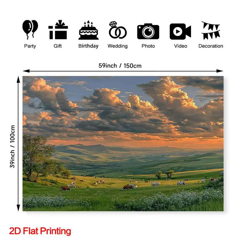 2D Pastoral Mountain Meadow Cow Print Wall Hanging