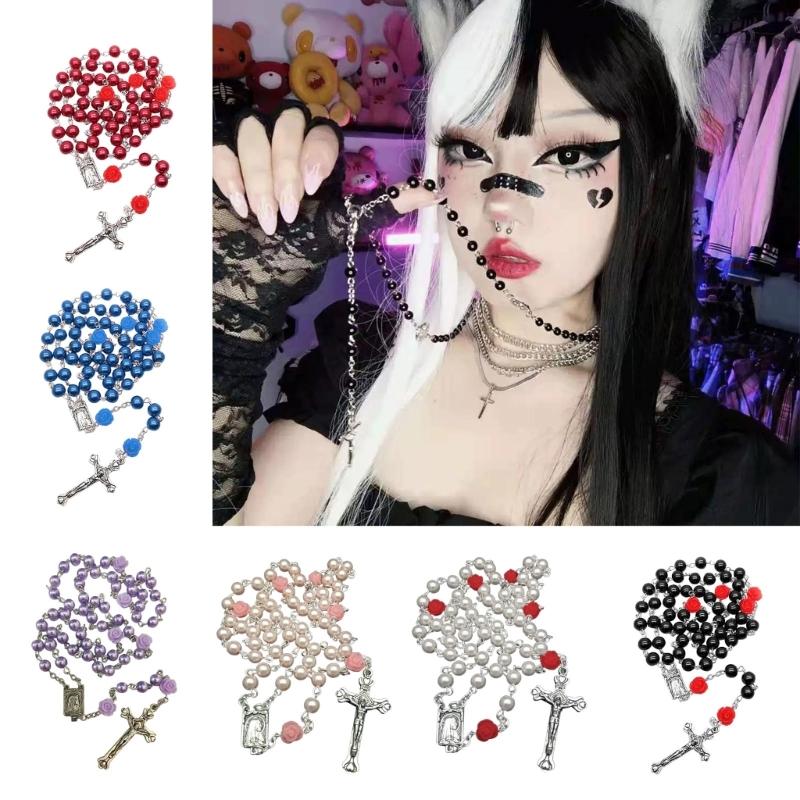 Elegant Cross Bead Necklace Rose Flower Glass Rosary Necklace Religious Jewelry Christian Prayer Beads Clavicle Chain
