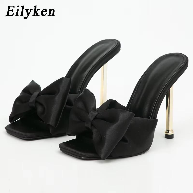 Fashion Eilyken 2025 New Arrival Silk Butterfly-knot High Heels Women Slippers Sandals Square Toe Party Mule Slides Shoes