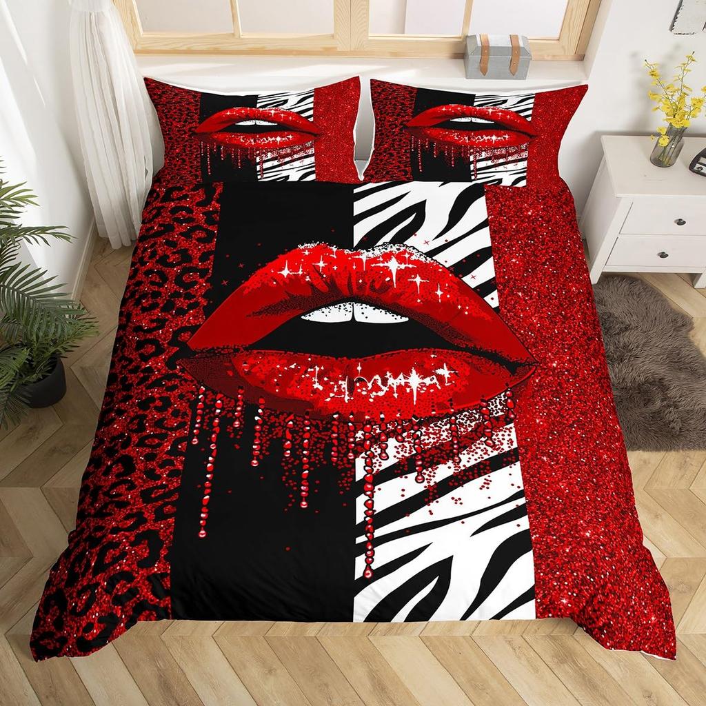 Zebra Stripes Duvet Cover Set Red Glitter Lips Comforter Cover for Girls Women Black White Leopard Zebra Print Queen Bedding Set