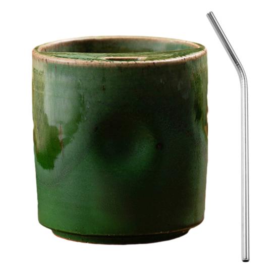 Vintage Ceramic Coffee with Mug Hand-Painted Striped Straw Retro Straight Cylinder Cup S зелёный