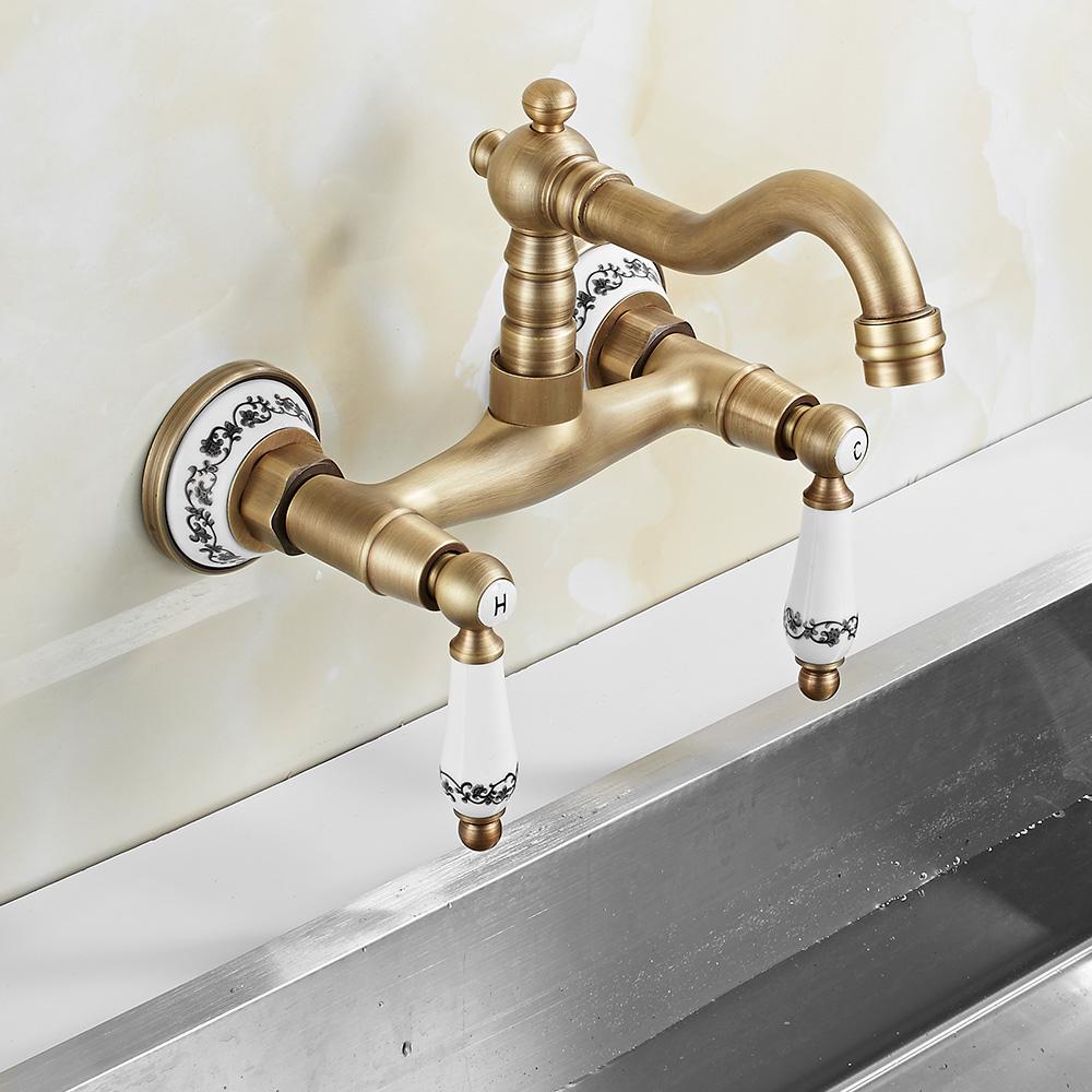 Wall Mount Antique Faucet Antique Brass Kitchen Faucet Dual Cold Hot Water Mixer Tap 360 Degree Rotation Kitchen Sink Faucet