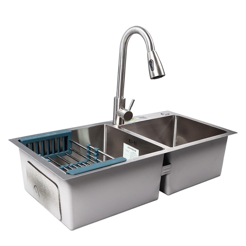 Drop in Kitchen Sink Kit 304 Stainless Steel Pull Out Faucet 3 Hole Double Bowl Sink with Drain
