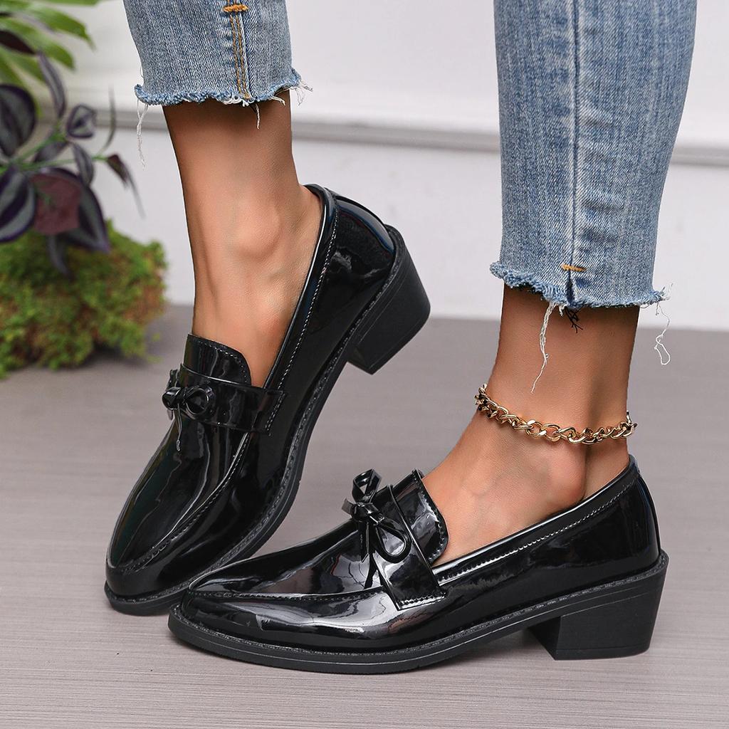 Fashion PU Leather Women's Shoes 2025 Spring Pointed Toe Slip-on Women's Casual Loafers Elegant Bow Office Med Heel Shoes Zapatos Mujer