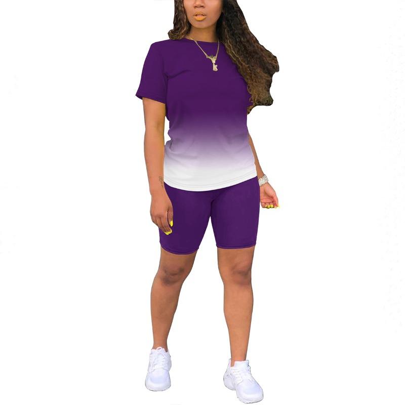 Summer 2pcs Outfits For Women Short Sleeve T-Shirts Pants Shorts Set Gradient Color Tracksuit Sportwear