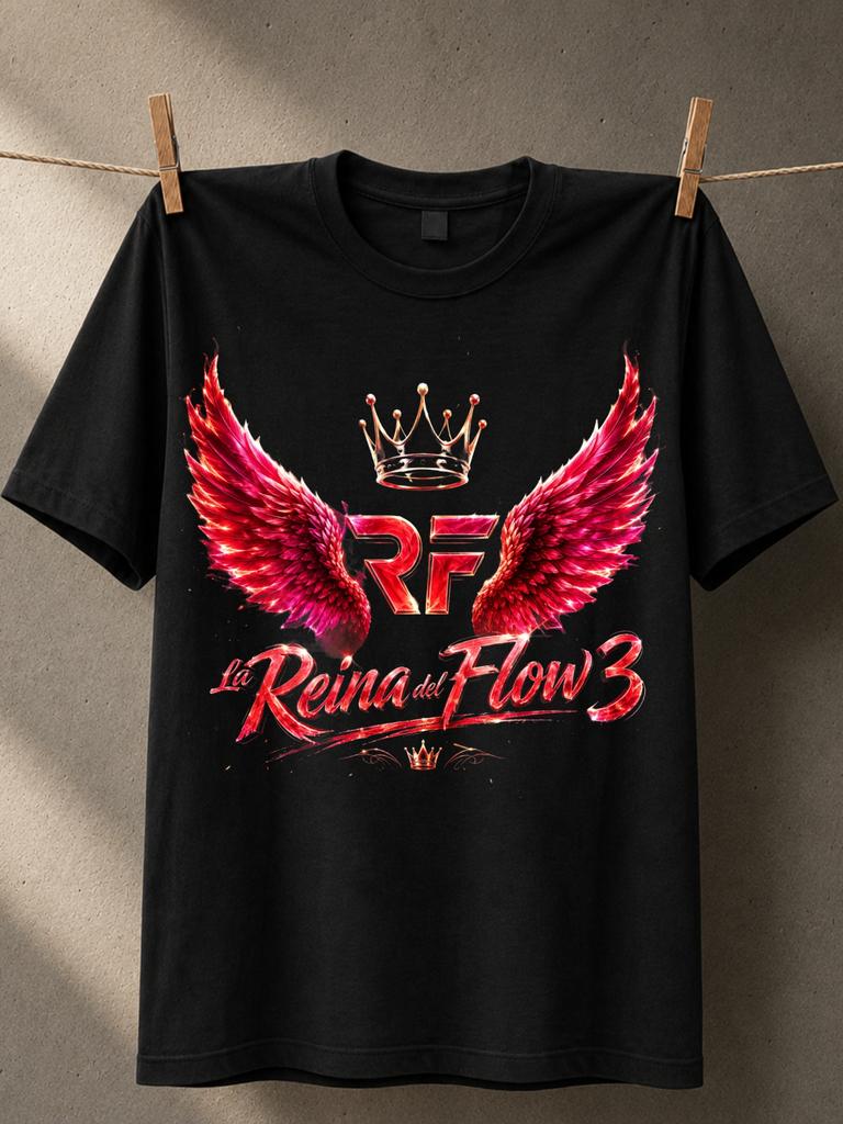 Reina Del Flow 3 With Red Rf Wings Crown Sparkling Script Lettering And Dramatic Queen Music Style Unisex All Tshirt