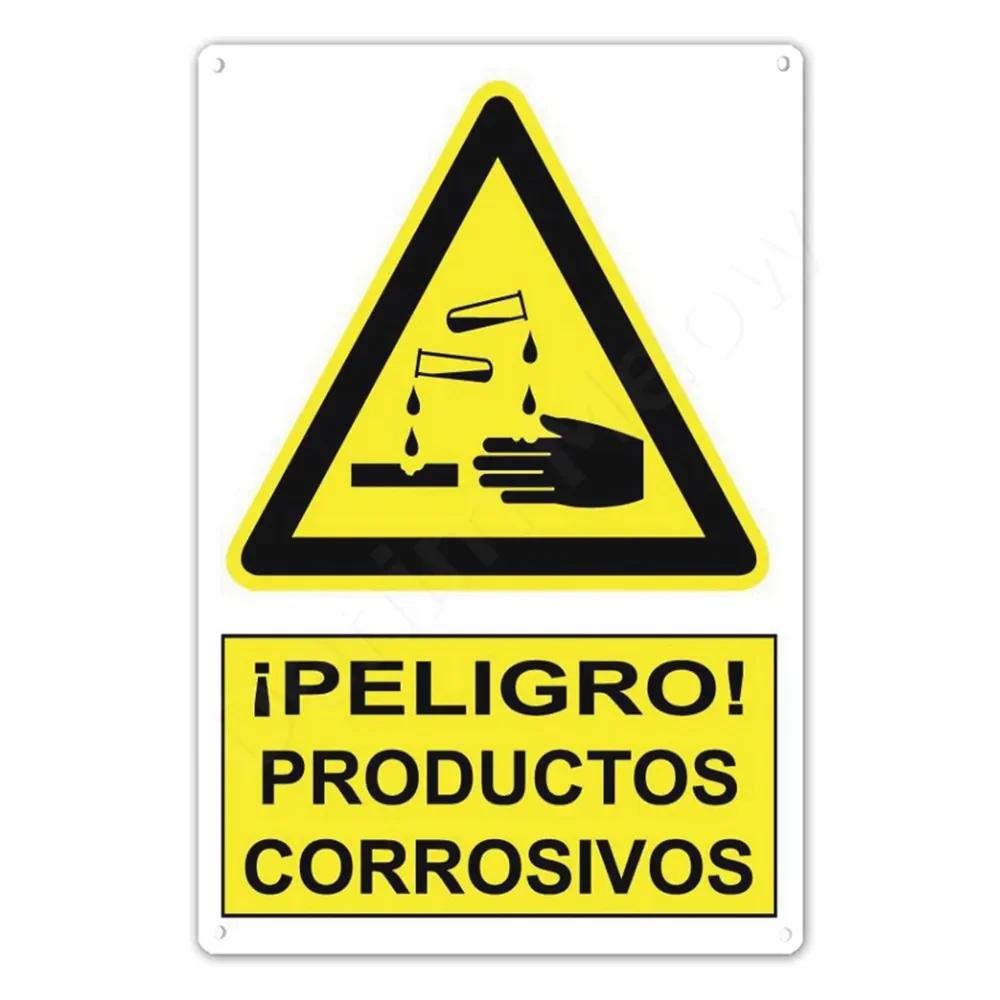 Spanish Warning Sign, Danger Metal Sign for Street, Yard, Bar, Workshop Decor, Yellow Waterproof Caution Signs, Outdoor Indoo