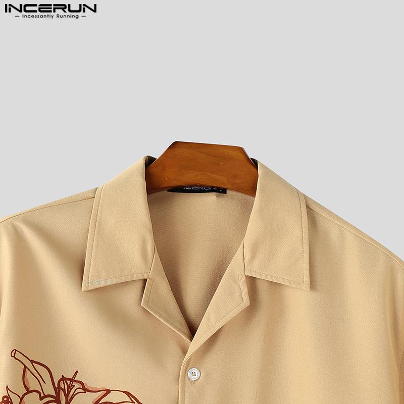 INCERUN Oversized Men Lapel Neck Short Sleeve Buttons Print Casual Shirts
