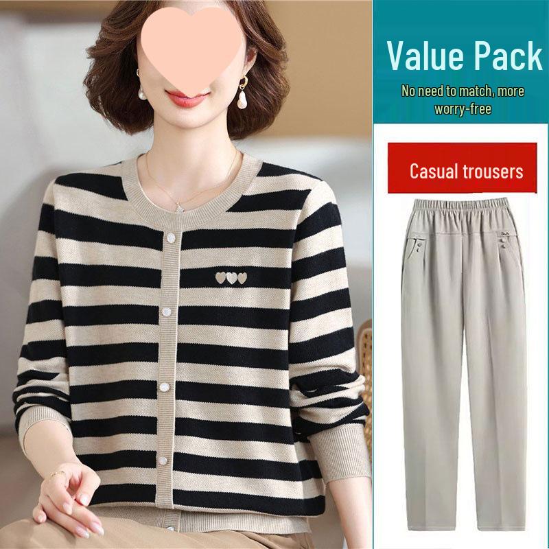 Mom's 2025 Autumn Striped Long-Sleeve Knit Sweater for Middle-Aged & Elderly Women