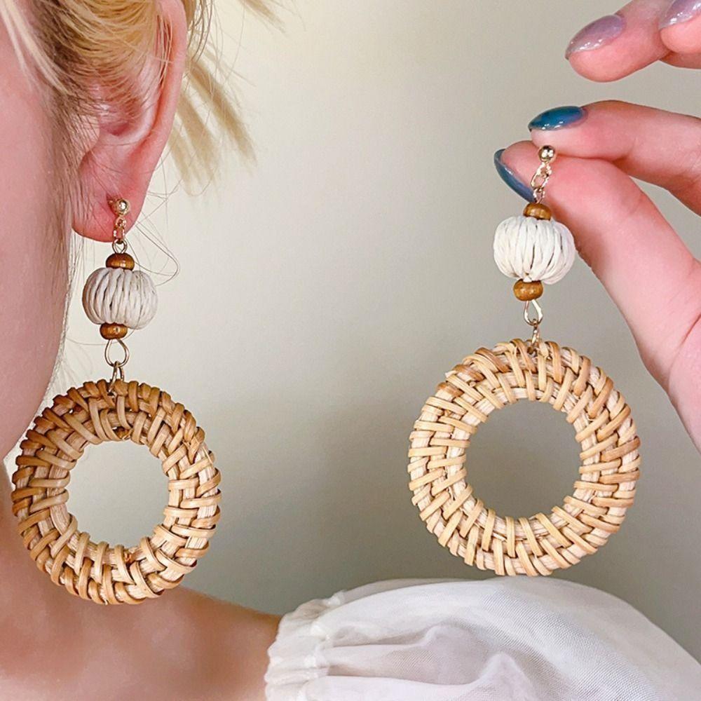 Holz Rattan Geflecht Ohrringe Blume Strand Schmuck Elegante Geometrische Ohrringe Party
