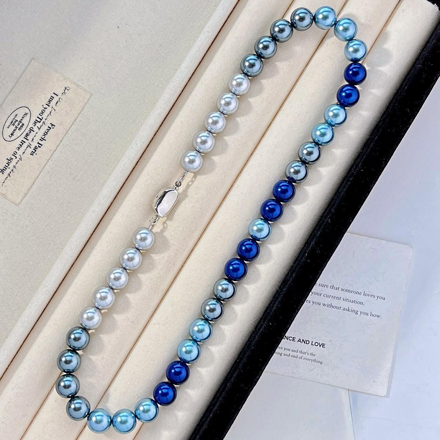 

Autumn And Winter Highlight 616 Platinum Gray Blue Tahitian Artificial Crystal Pearl Necklace Clavicle Chain