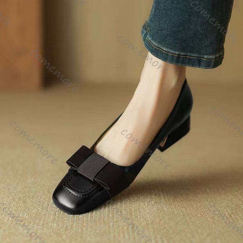 Fashion Comemore Spring Autumn Women's Bow Retro Middle Heel Single Shoes Square Head Leather Pumps Fashion Elegant Thick Heeled Shoes