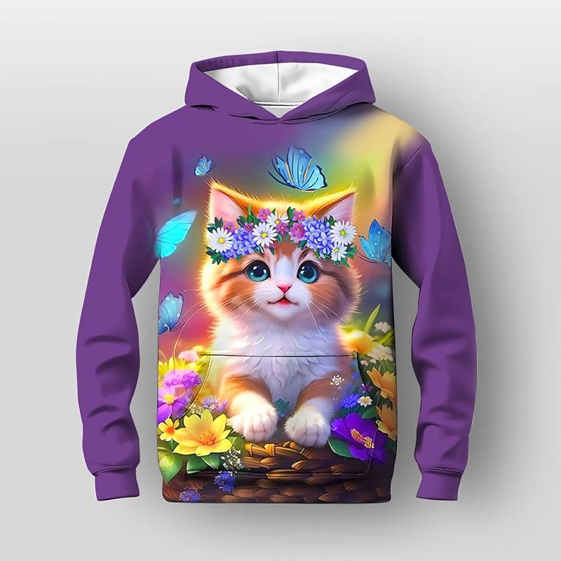 Girls' 3D Floral Cartoon Cat Hoodie Long Sleeve 3D Print Fall Winter Active Fashion Cute Kids 3-12 Years Outdoor Casual Daily Regular Fit