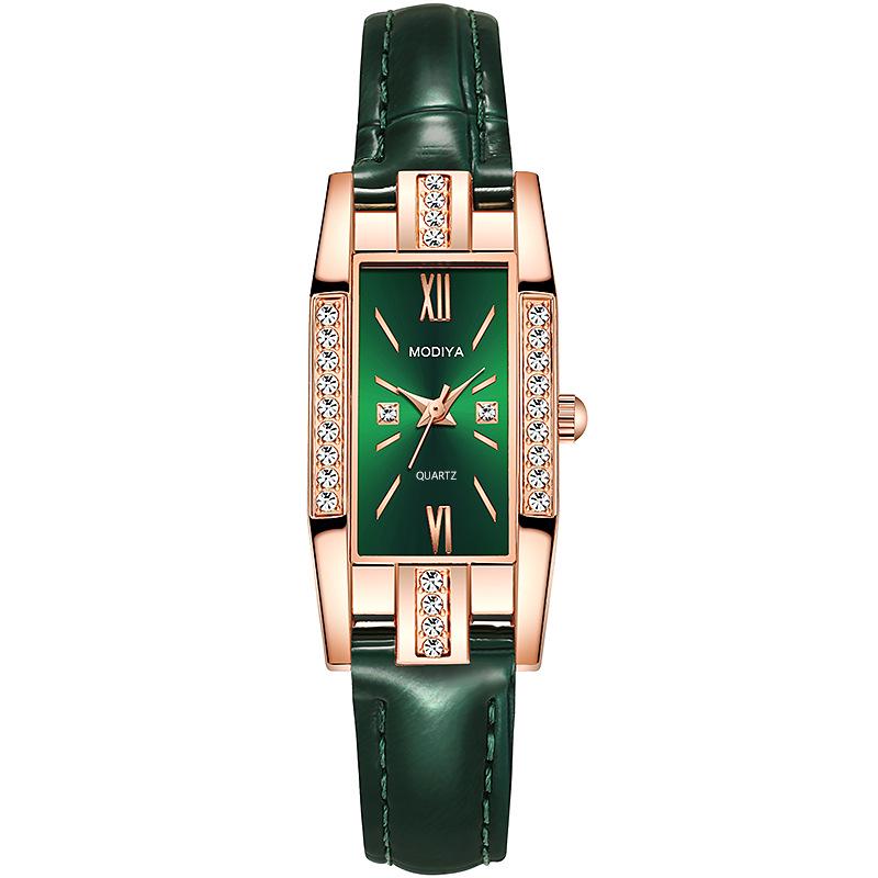 Exquisite Women's Square Dial Quartz Watch with Green Strap and Diamond Accents