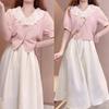 Embroidered Lotus Leaf Edge Half Sleeve Cotton and Linen A-line Skirt Two-piece Set