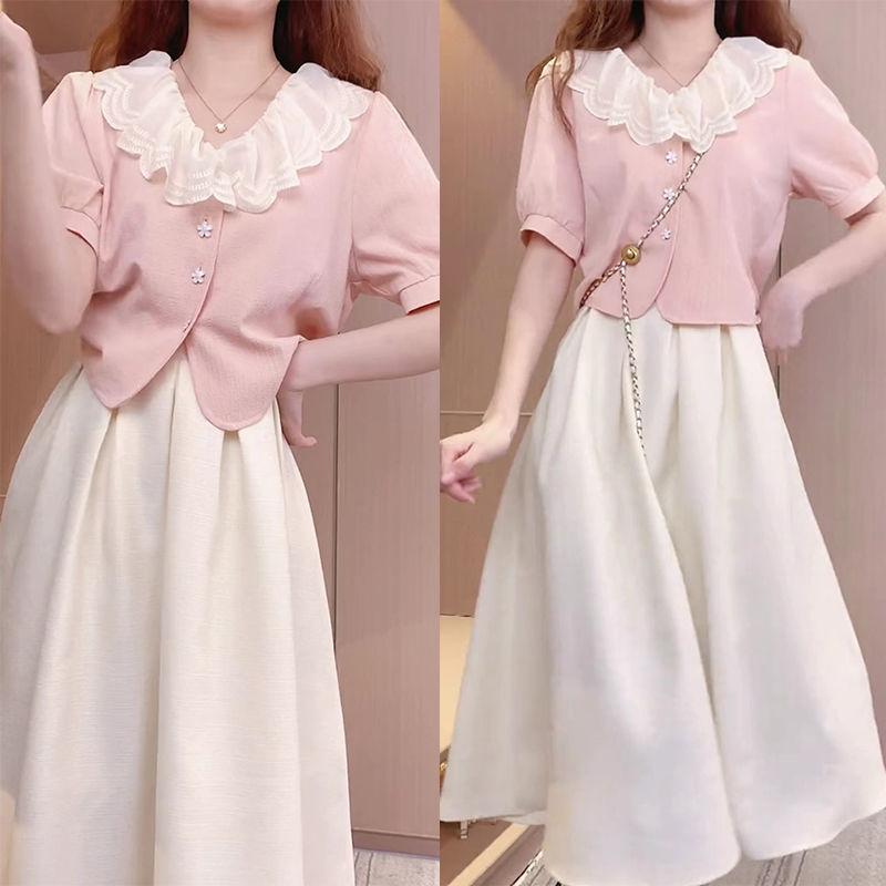 Embroidered Lotus Leaf Edge Half Sleeve Cotton and Linen A-line Skirt Two-piece Set