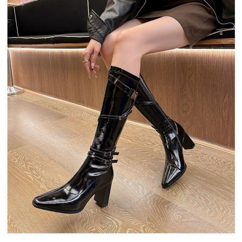 Fashion White Block Heel Women 2025 New Belt Buckle Heightened Long Tube Fashion Boots