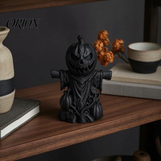 Small Resin Tabletop Decoration 3D Printed Pumpkin Scarecrow Figurine, Matte Black Halloween Handcrafted Carved Decor for Shelf Window Office, Spooky