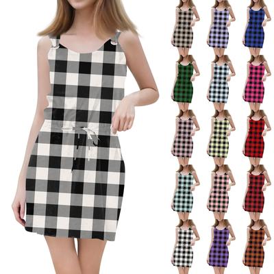 Vestido feminino casual estampado sem mangas com cordão e bolsos